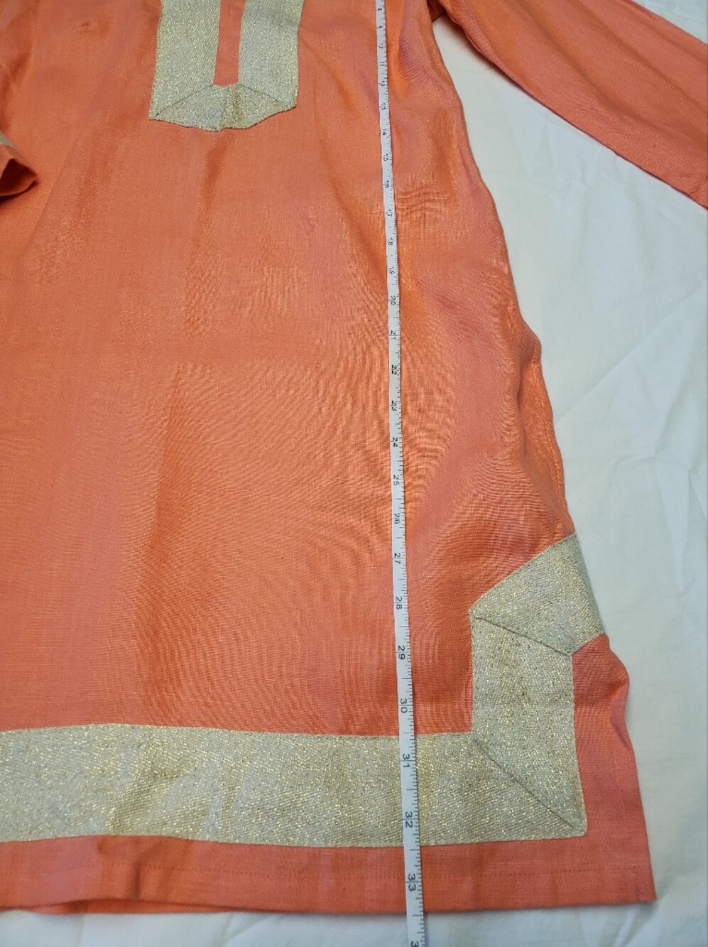 Sail to Sable Linen Tunic Dress XXS Coral Gold Metallic Trim Long Sleeve Mini - Picture 6 of 9